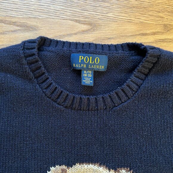 POLO BEAR RALPH LAUREN KNITTED COTTON CREWNECK SWEATER NAVY YOUTH SZ XL - Picture 2 of 7